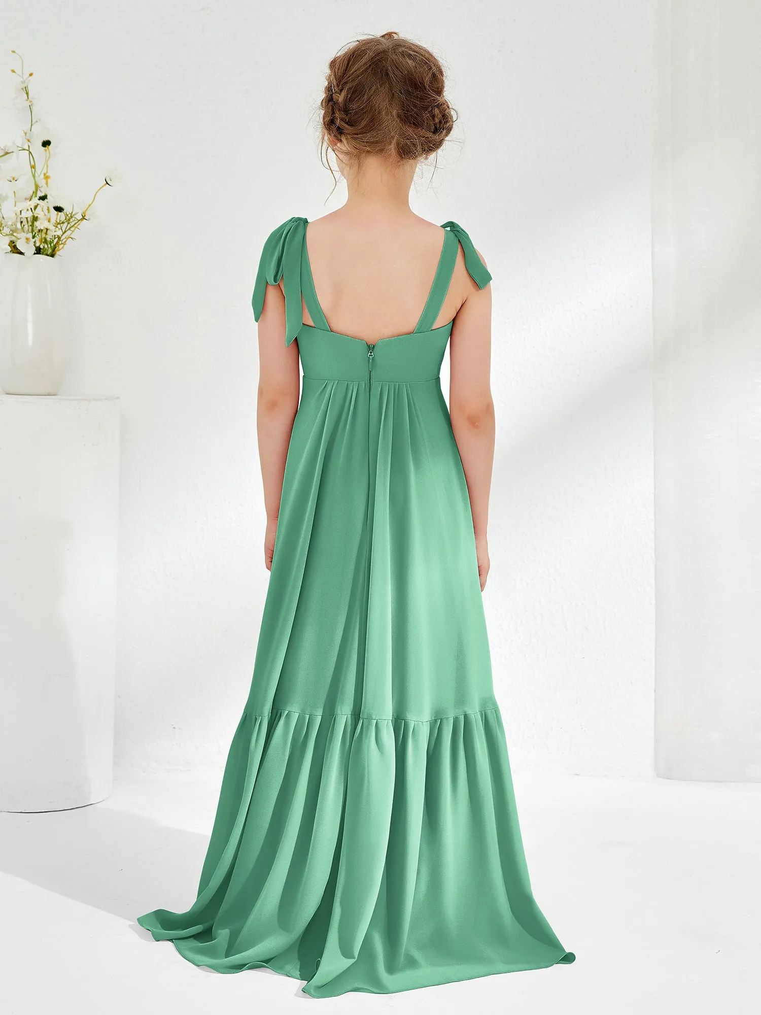 A-Line Bow Ruffle Junior Bridesmaid Dresses Turquoise