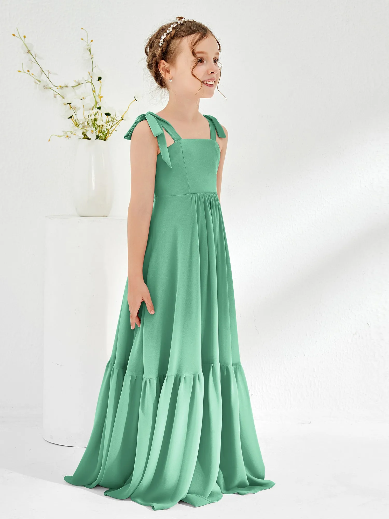A-Line Bow Ruffle Junior Bridesmaid Dresses Turquoise