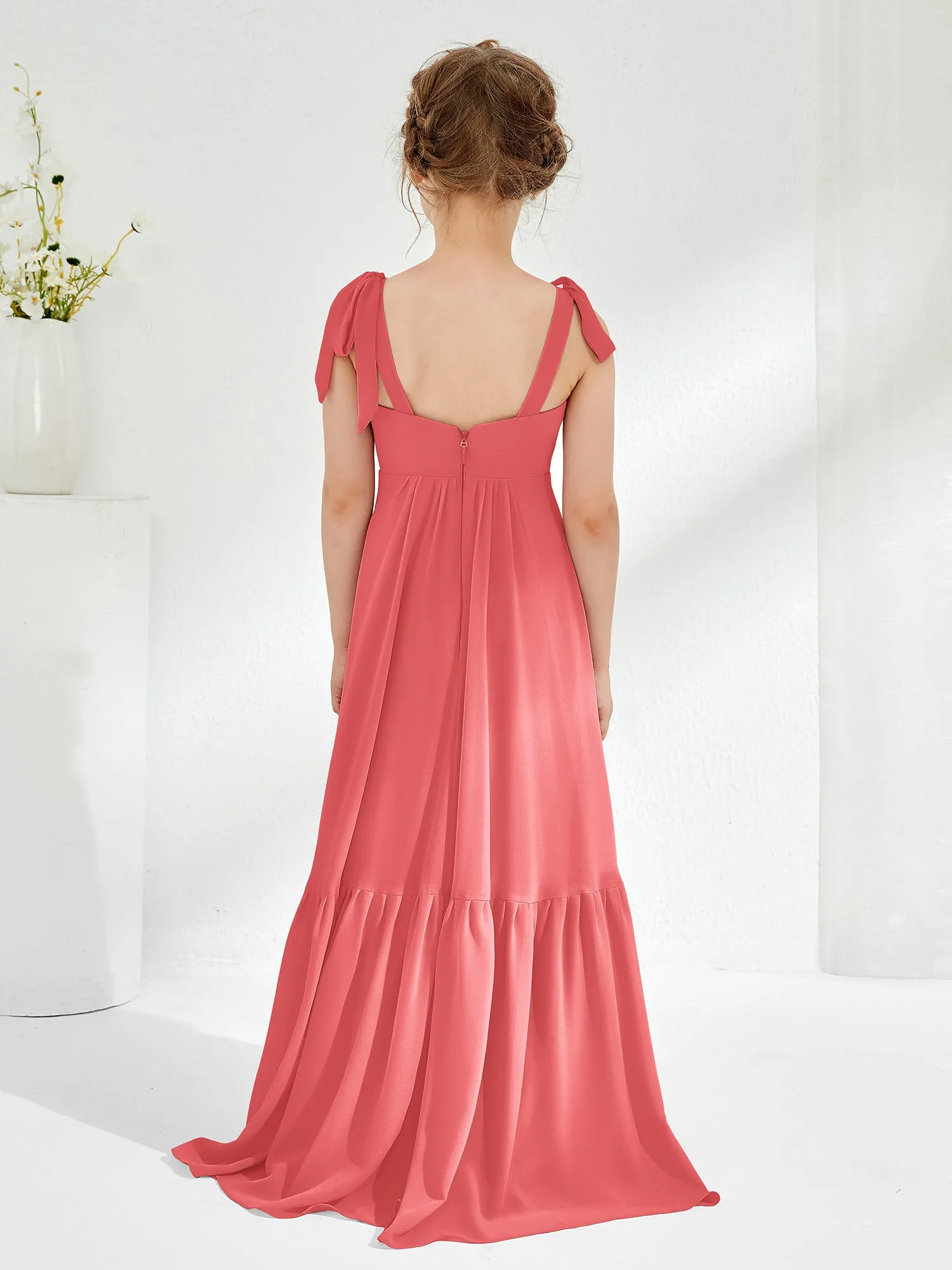 A-Line Bow Ruffle Junior Bridesmaid Dresses Watermelon