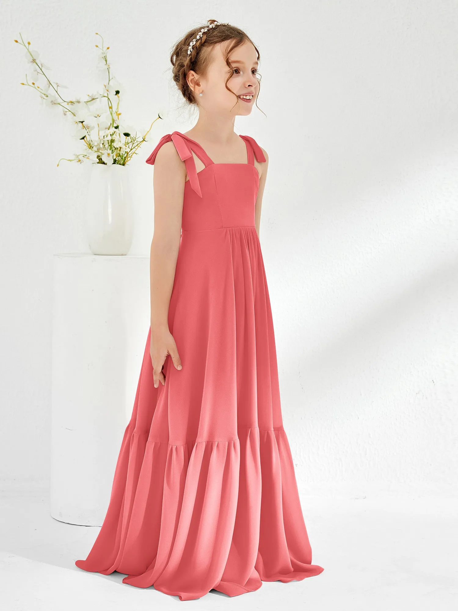 A-Line Bow Ruffle Junior Bridesmaid Dresses Watermelon