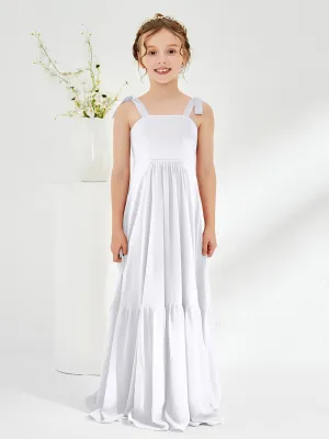 A-Line Bow Ruffle Junior Bridesmaid Dresses White
