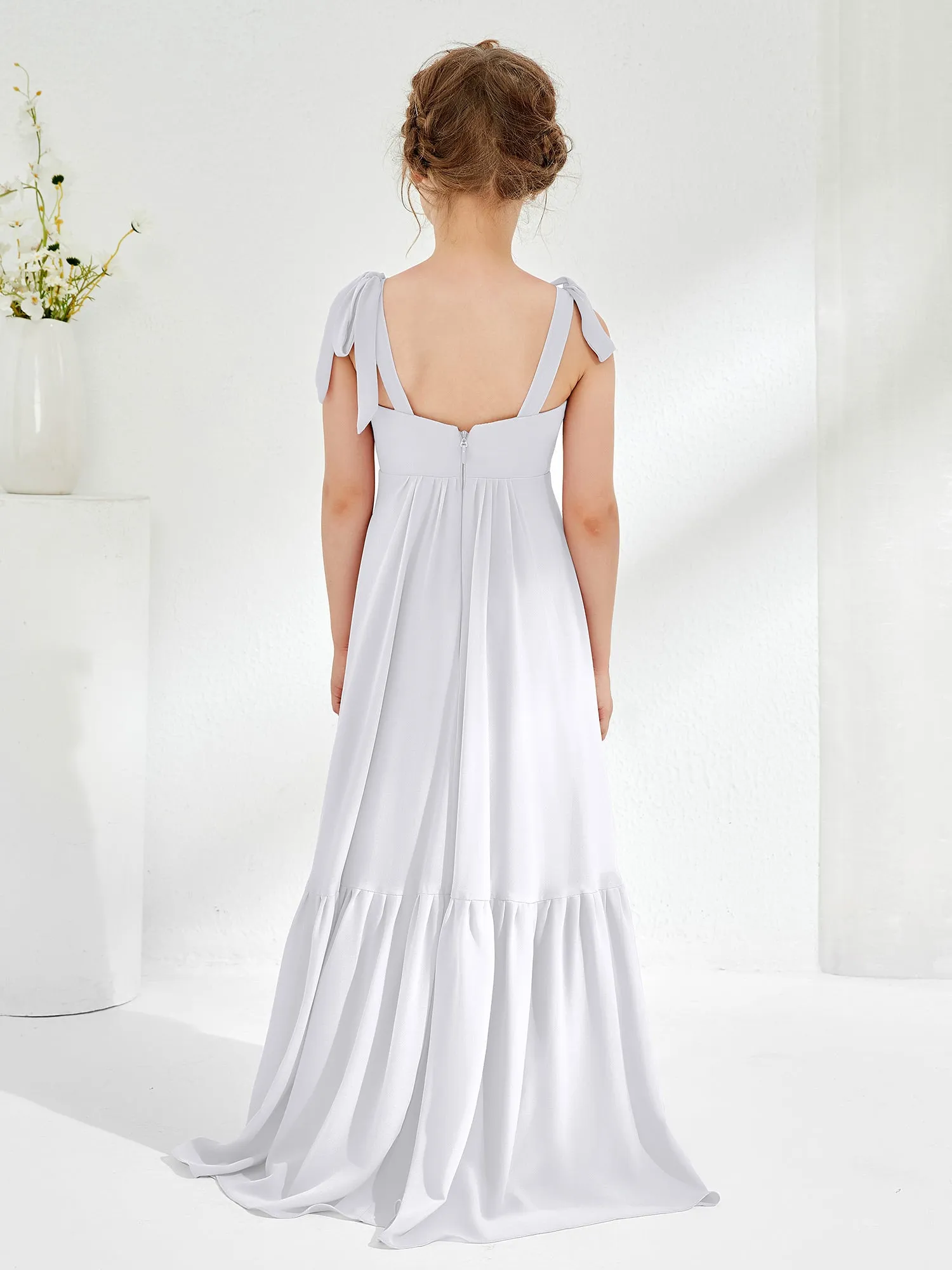 A-Line Bow Ruffle Junior Bridesmaid Dresses White
