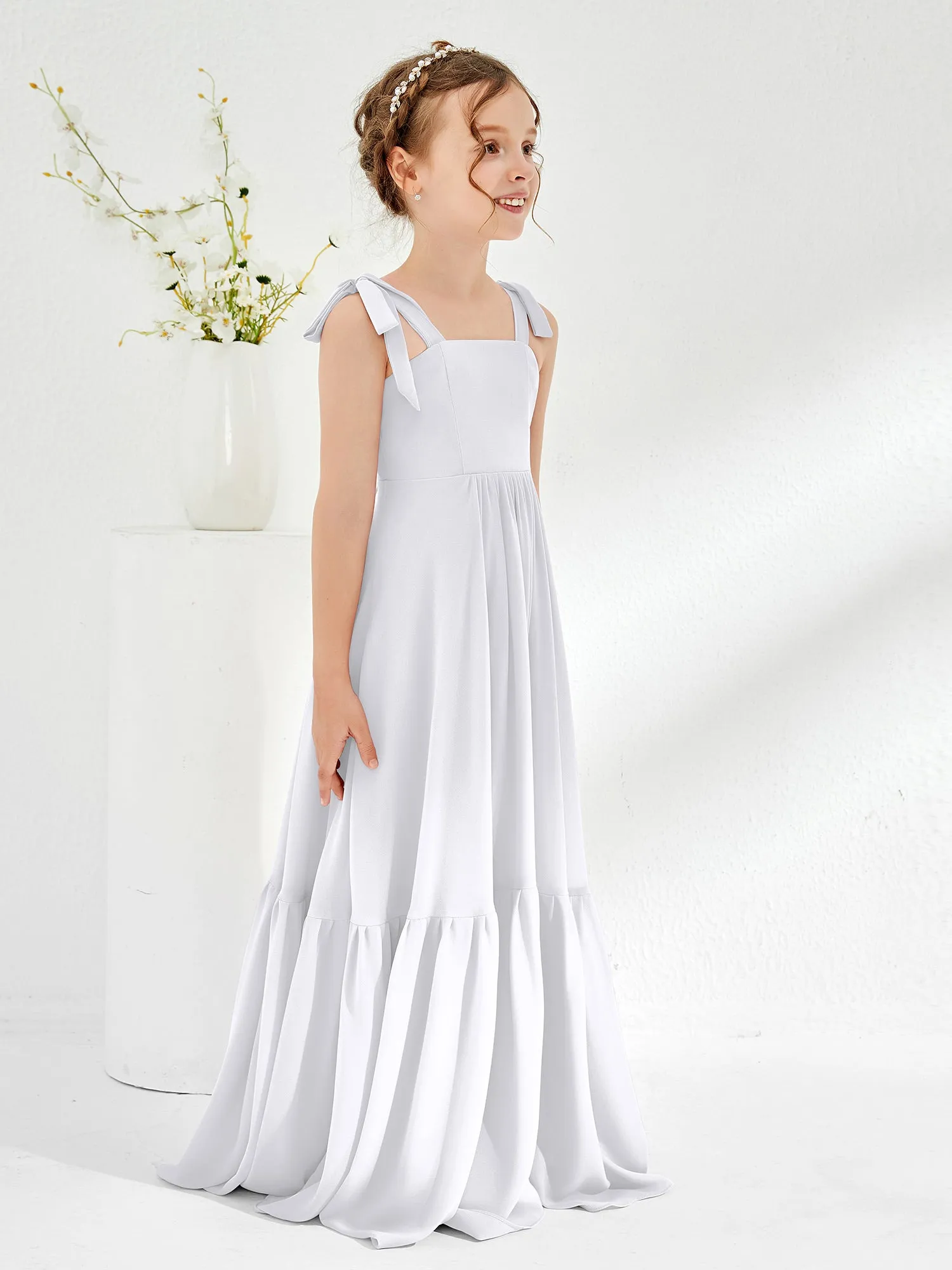 A-Line Bow Ruffle Junior Bridesmaid Dresses White