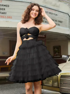 A-line Strapless Tulle Tiered Short Dress Black