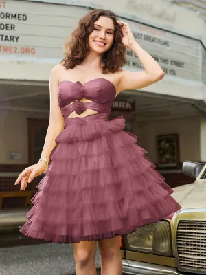 A-line Strapless Tulle Tiered Short Dress Mulberry