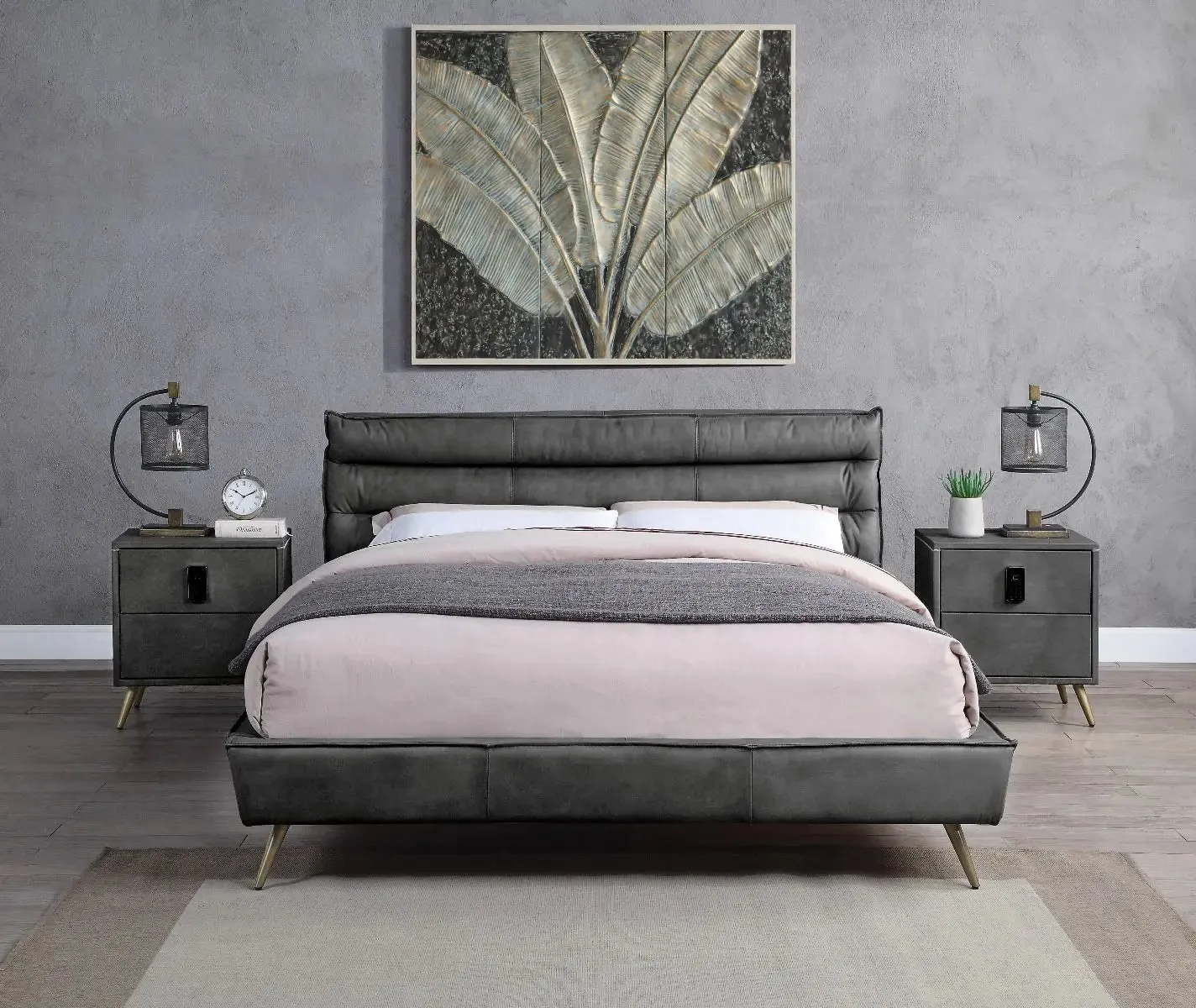 Alexa Queen Bed, Gray Top Grain Leather