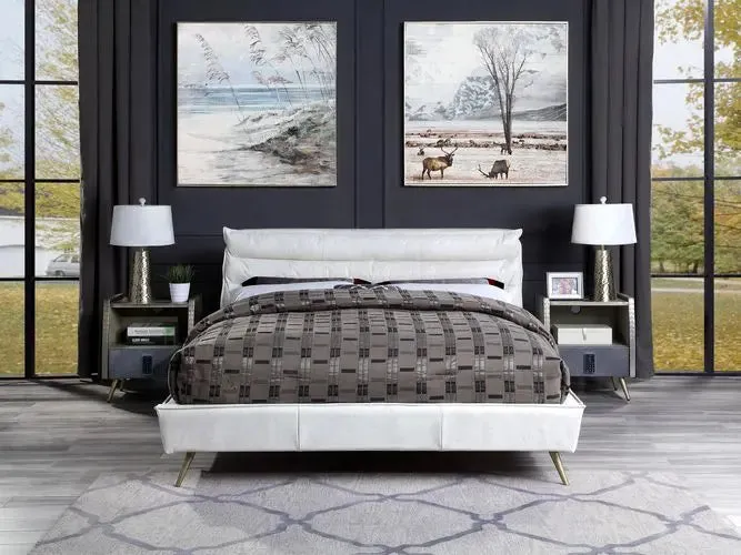 Alexa Queen Bed, Vntage White Top Grain Leather