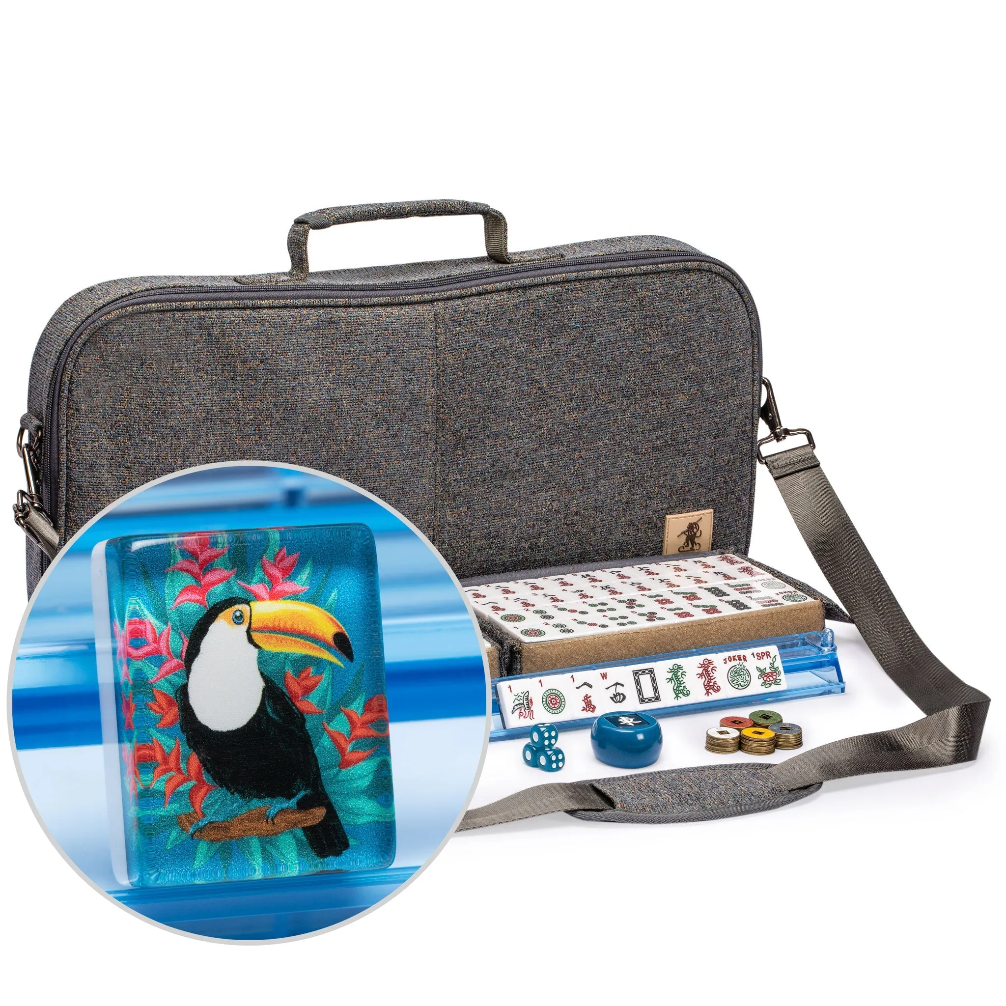 American Mahjong Set "Toucan" with Gray Soft Case, All-in-One Racks with Pushers, Dice, Wind Indicator, and Scoring Coins