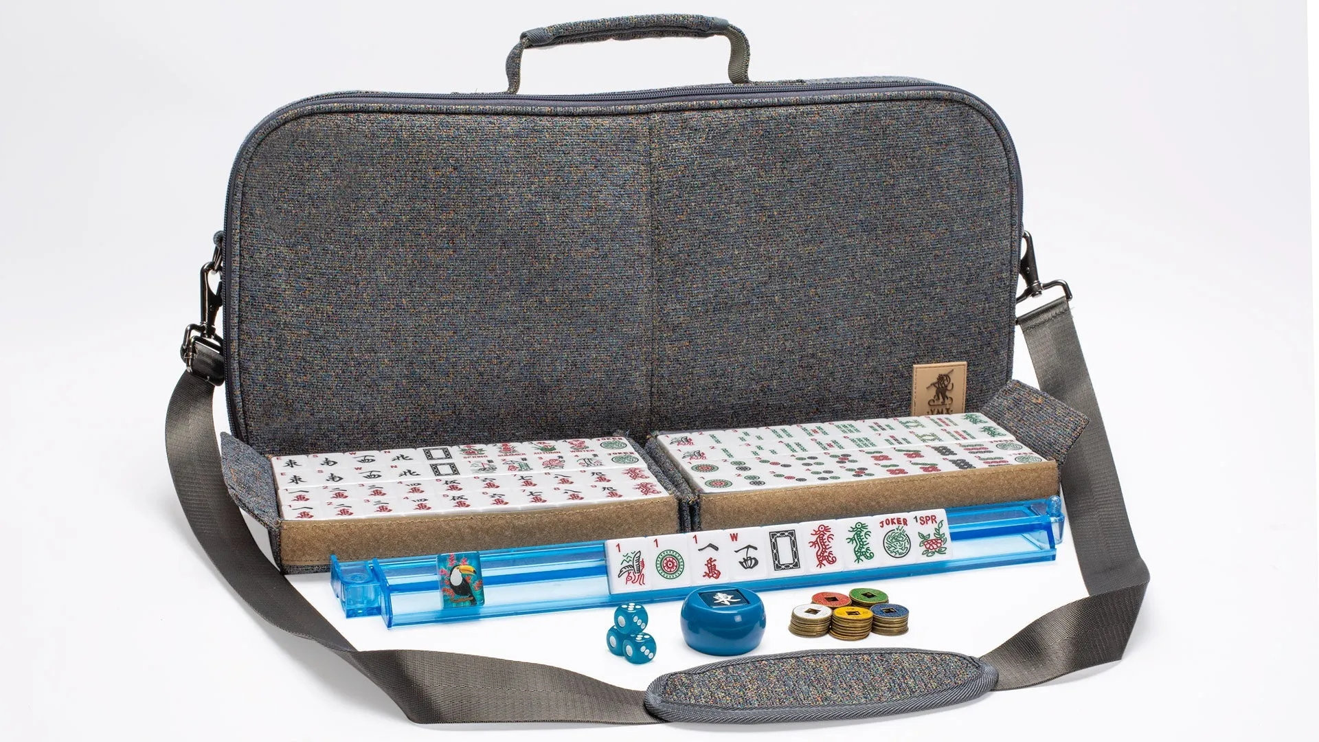 American Mahjong Set "Toucan" with Gray Soft Case, All-in-One Racks with Pushers, Dice, Wind Indicator, and Scoring Coins