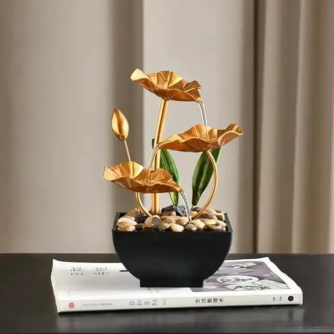 ANNIE Tabletop Fountains Metal Water Fountain Home Decor Ornaments with Waterfall Desktop Leaf Fountains Deep Basin&Natural River Rocks Indoor Zen Relaxation for Decor Office Living Room Bedroom Gift