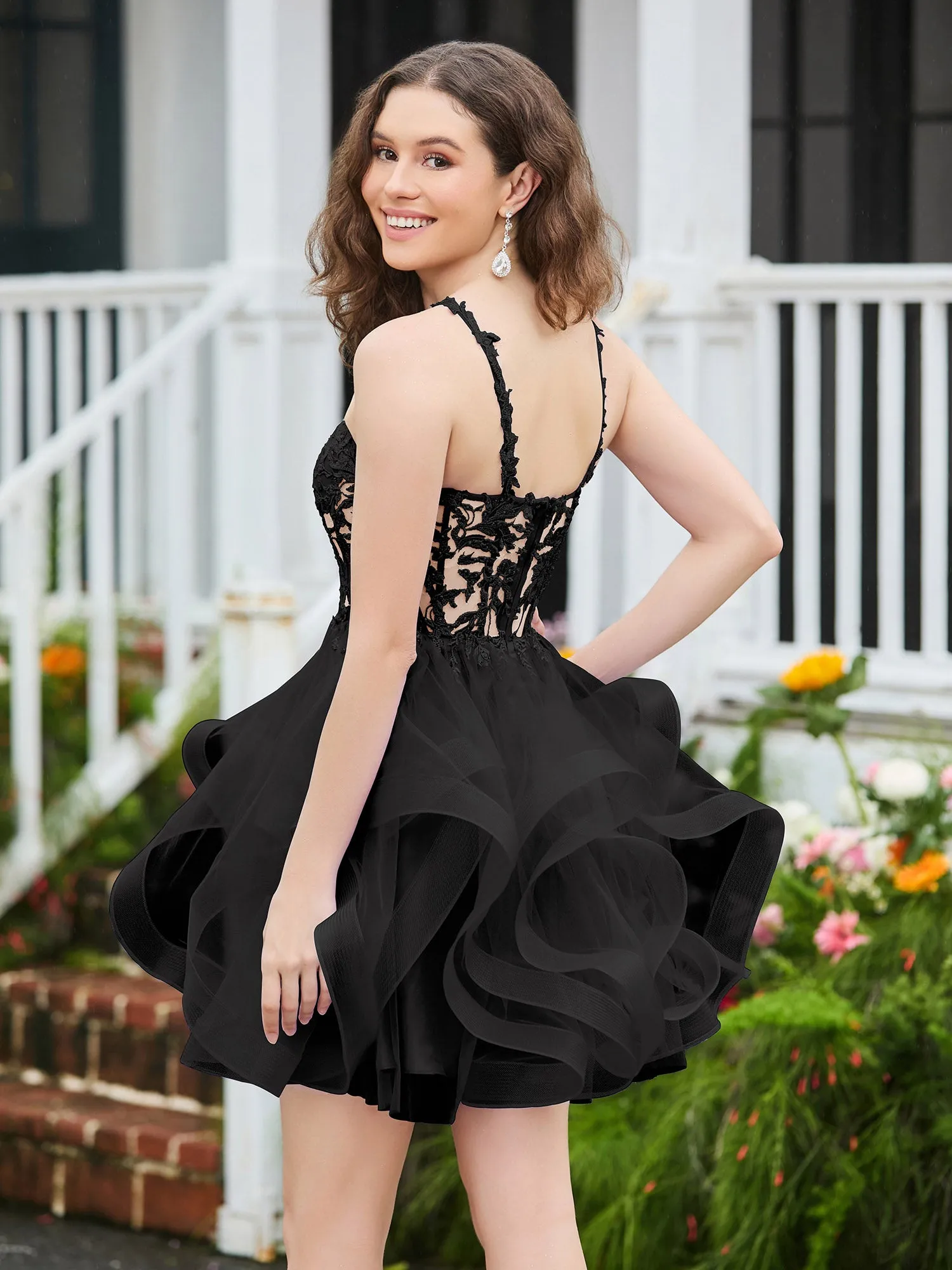 Appliqued Corset Top Short Tulle Dress Black