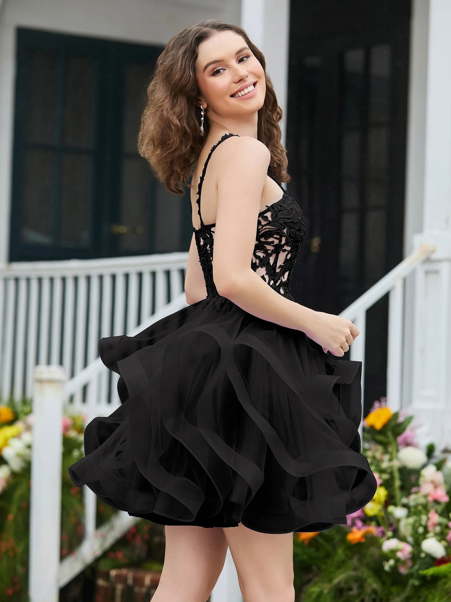 Appliqued Corset Top Short Tulle Dress Black