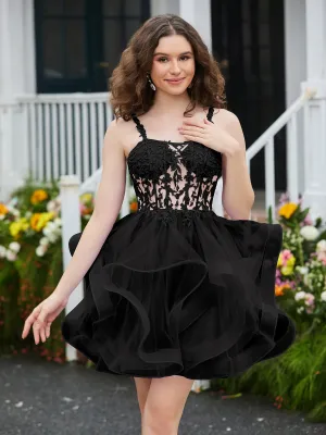 Appliqued Corset Top Short Tulle Dress Black