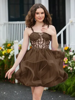 Appliqued Corset Top Short Tulle Dress Brown