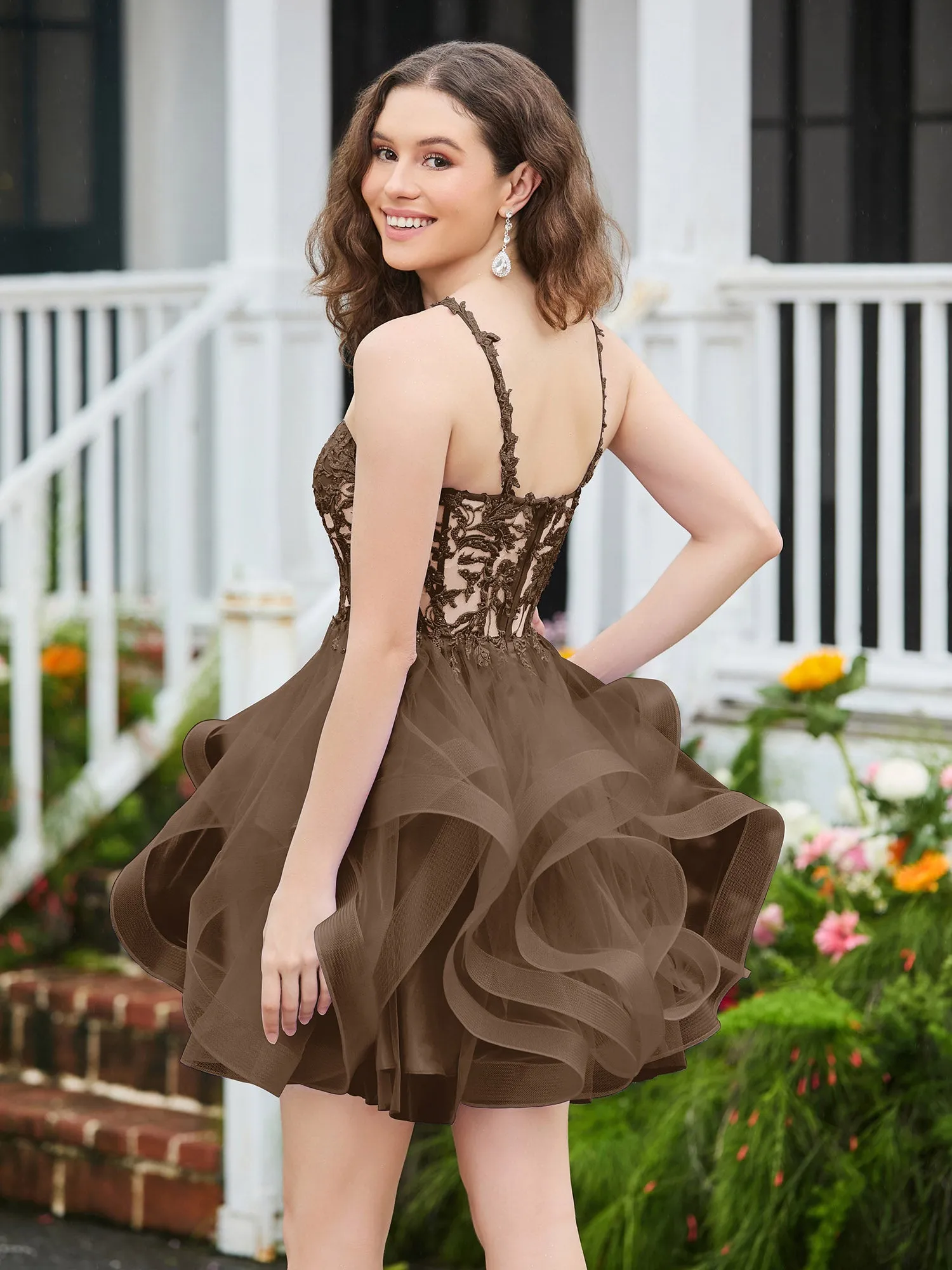Appliqued Corset Top Short Tulle Dress Brown