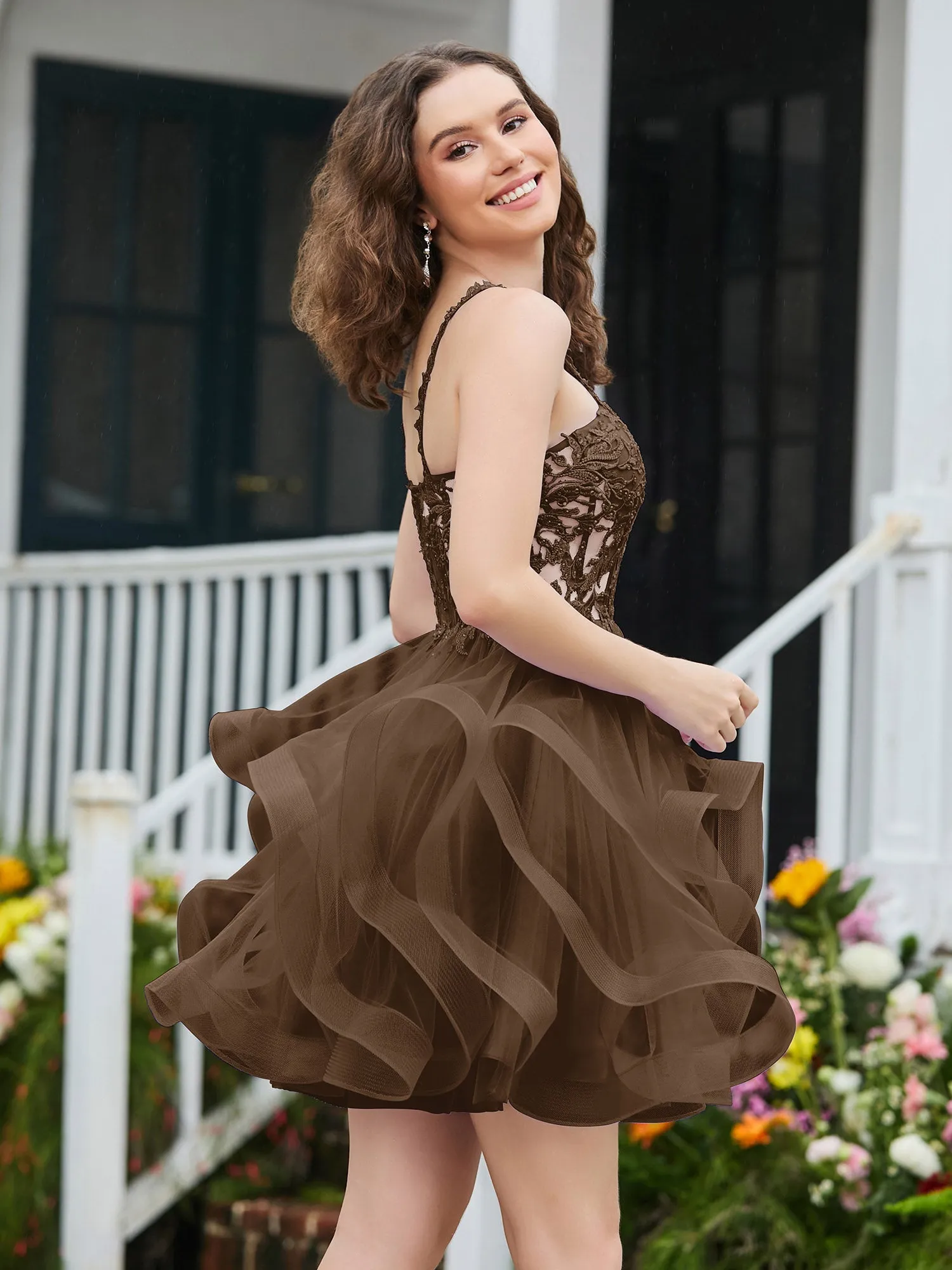 Appliqued Corset Top Short Tulle Dress Brown