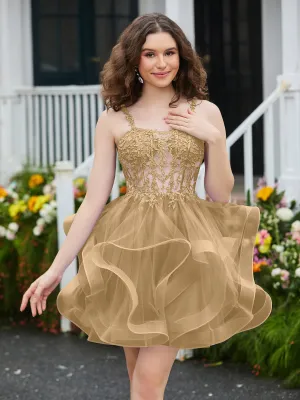 Appliqued Corset Top Short Tulle Dress Champagne