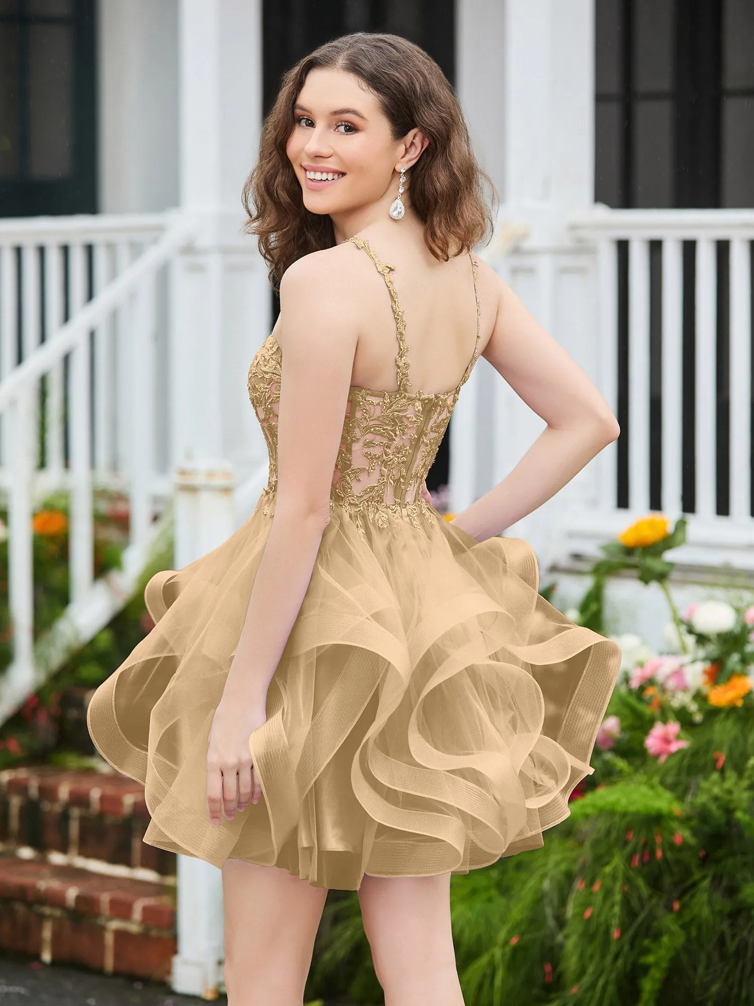 Appliqued Corset Top Short Tulle Dress Champagne
