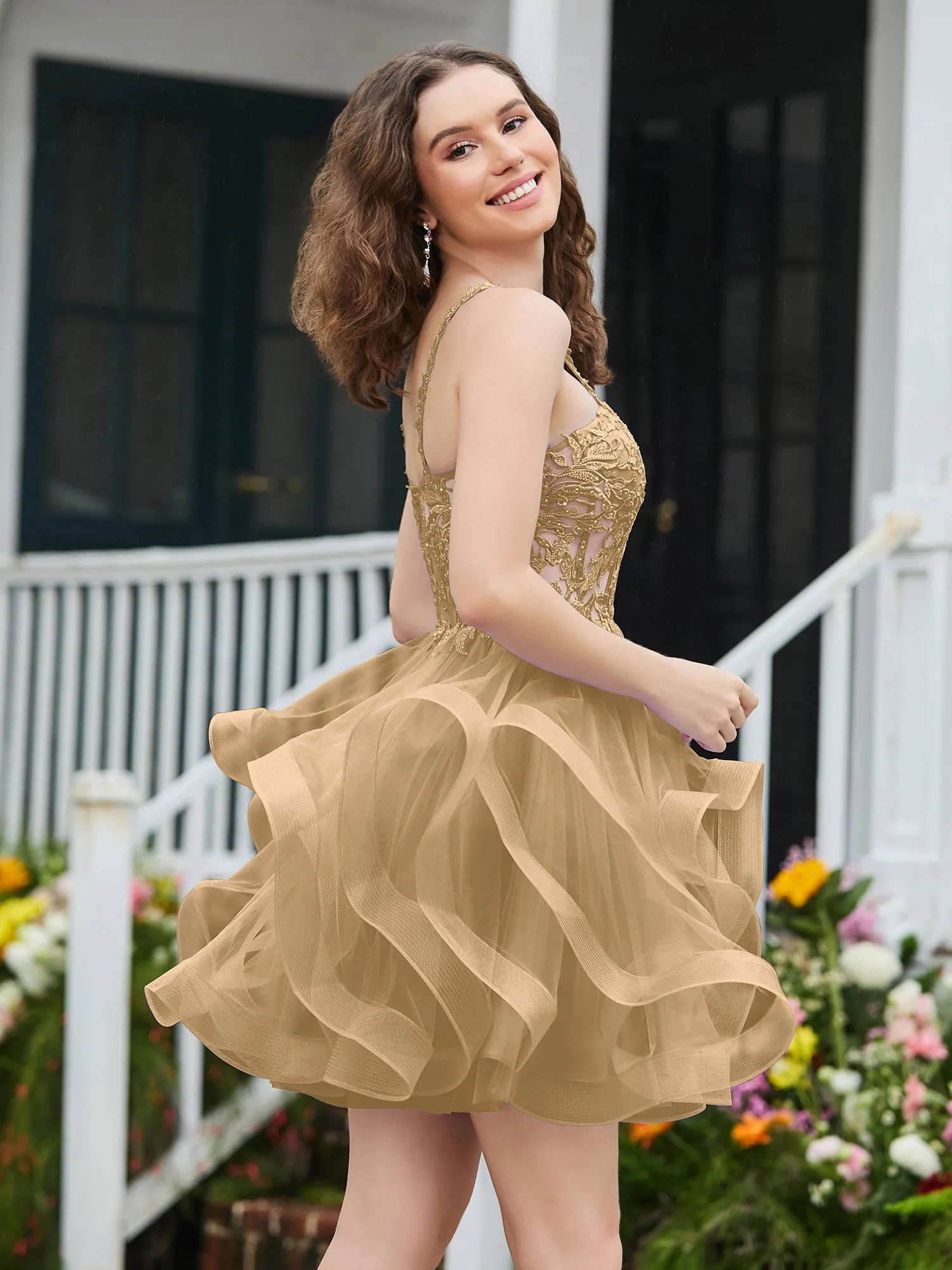 Appliqued Corset Top Short Tulle Dress Champagne