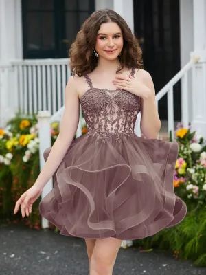 Appliqued Corset Top Short Tulle Dress Dusk