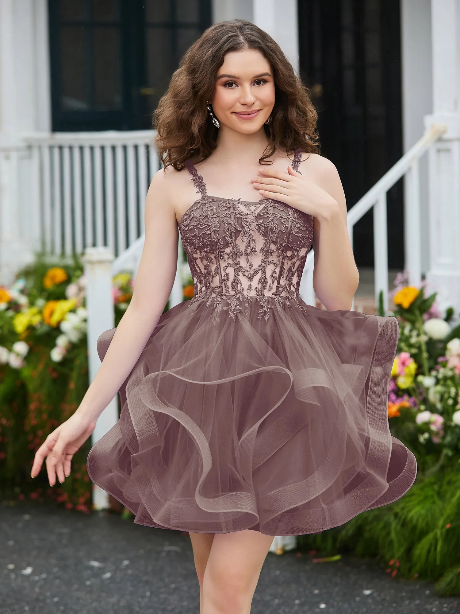 Appliqued Corset Top Short Tulle Dress Dusk