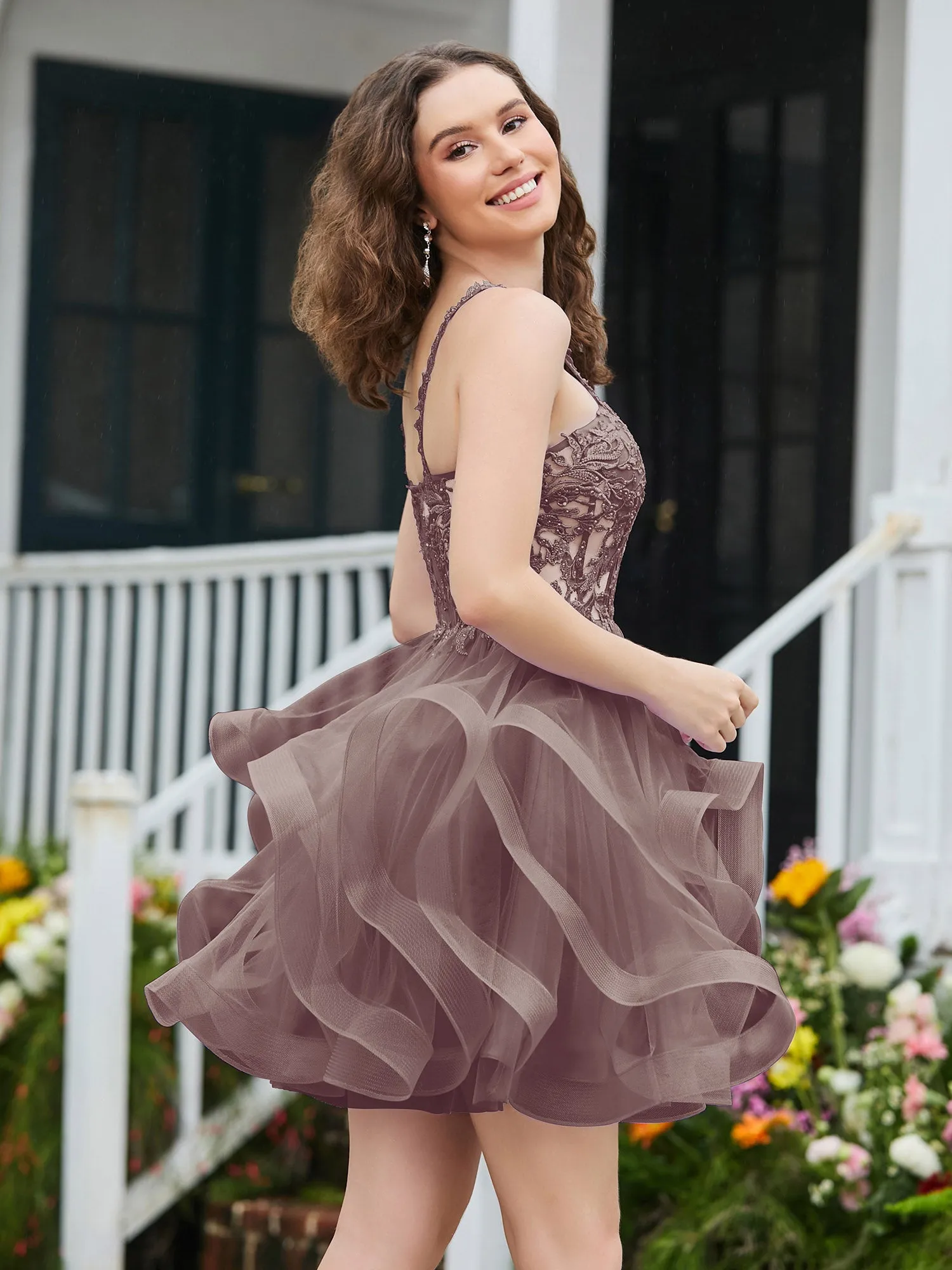 Appliqued Corset Top Short Tulle Dress Dusk
