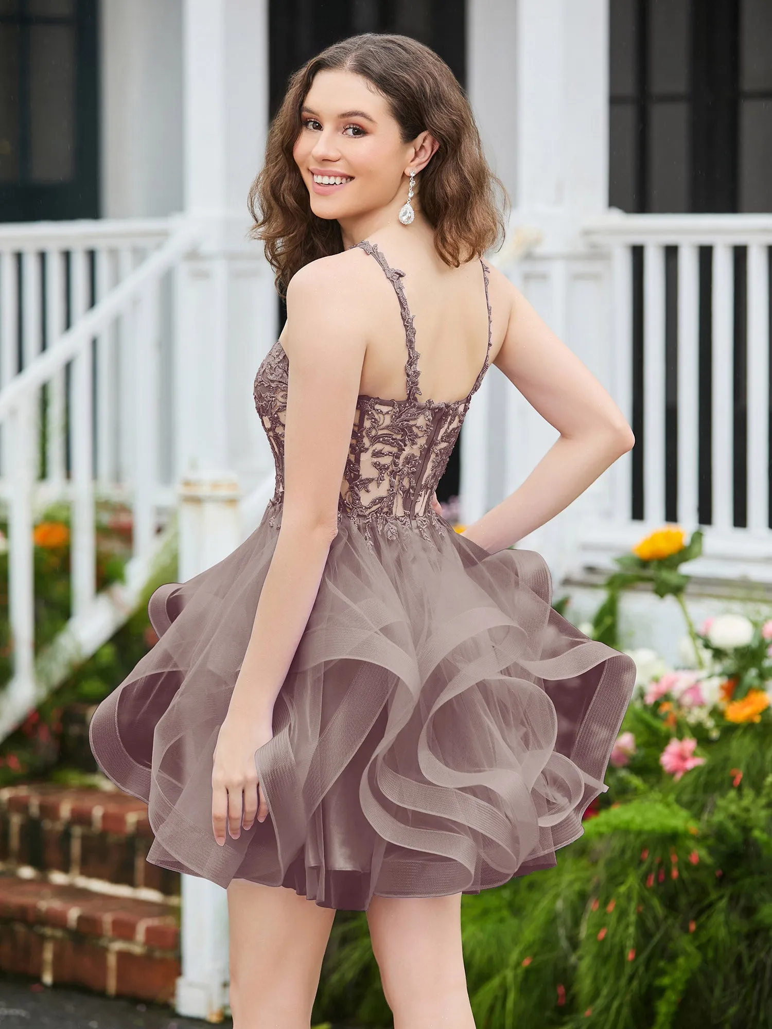 Appliqued Corset Top Short Tulle Dress Dusk