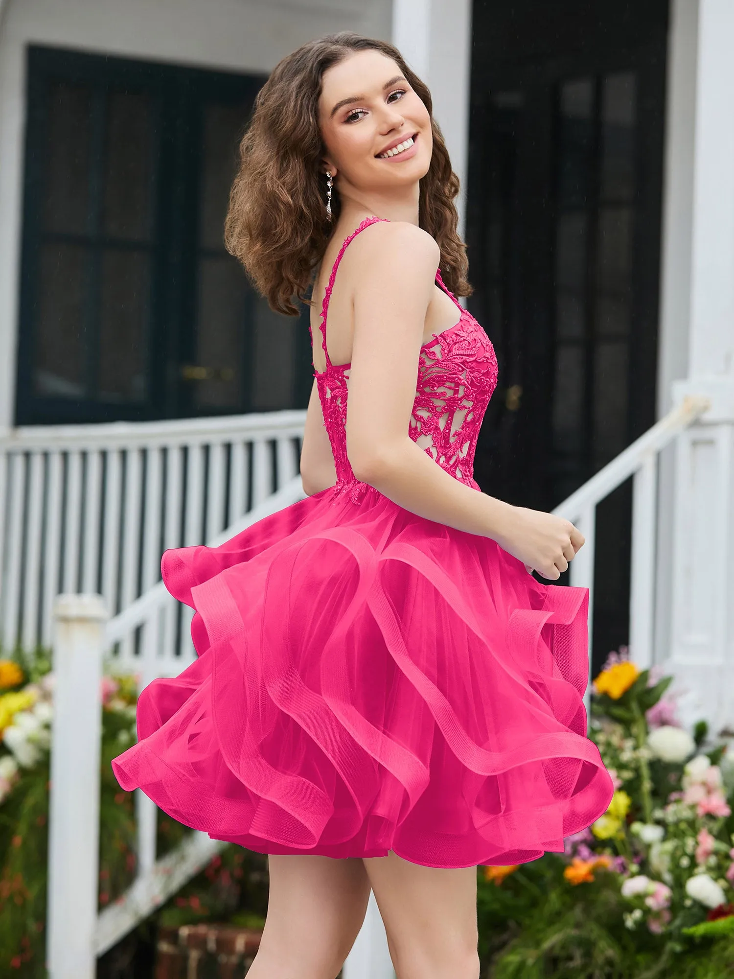 Appliqued Corset Top Short Tulle Dress Fuchsia