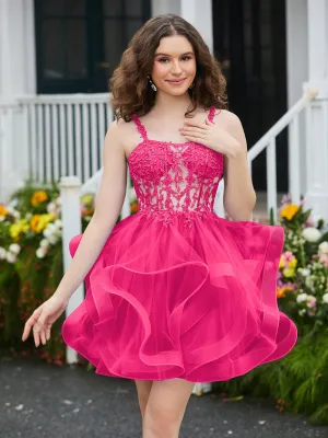 Appliqued Corset Top Short Tulle Dress Fuchsia
