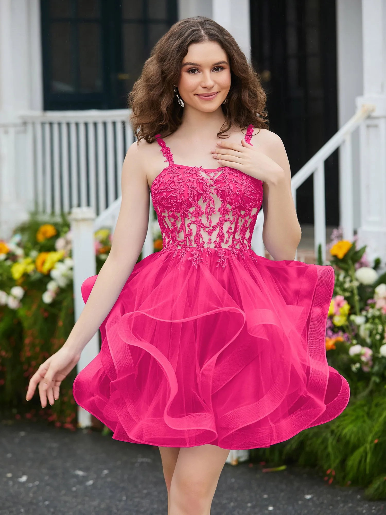 Appliqued Corset Top Short Tulle Dress Fuchsia