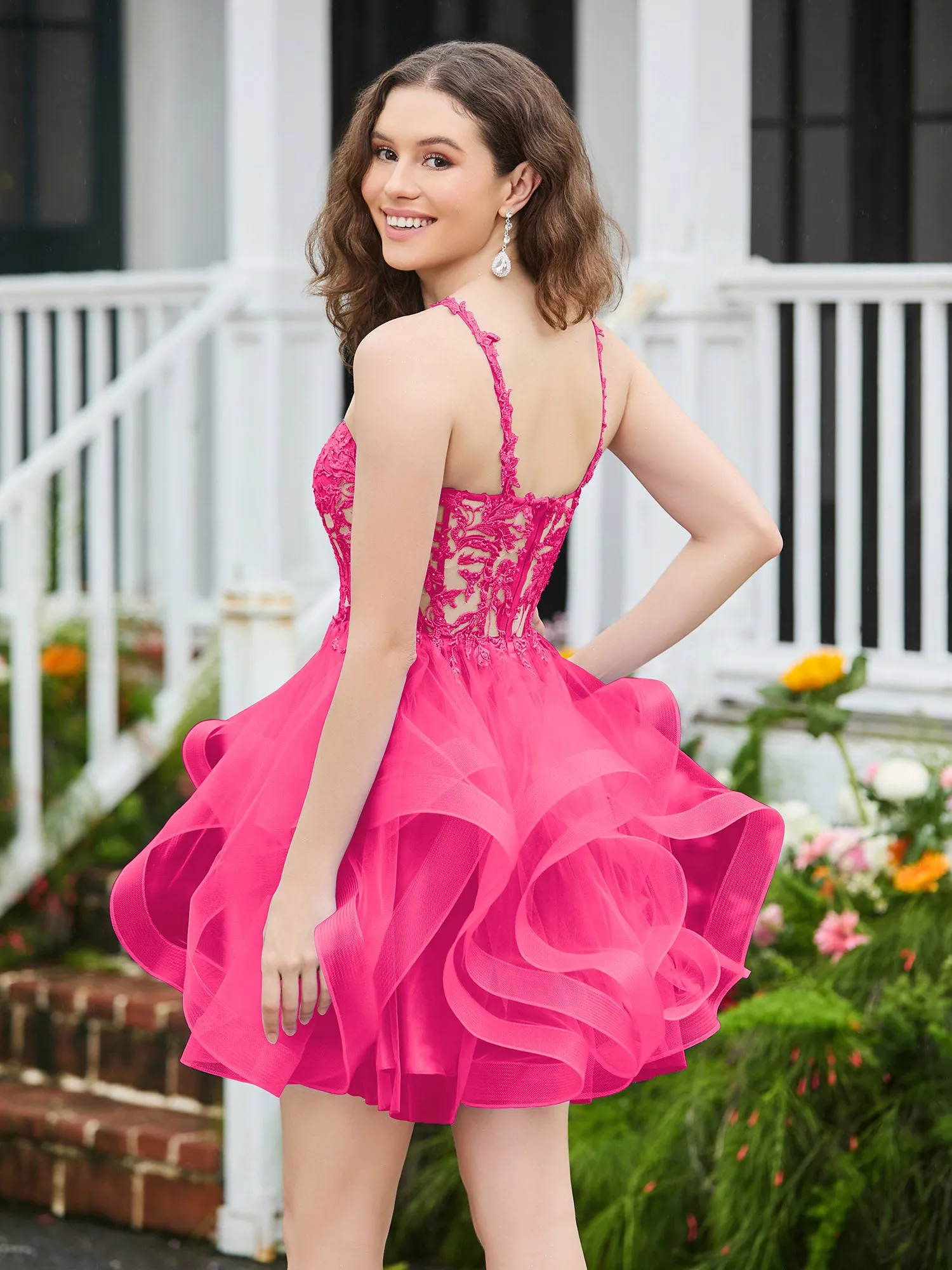 Appliqued Corset Top Short Tulle Dress Fuchsia