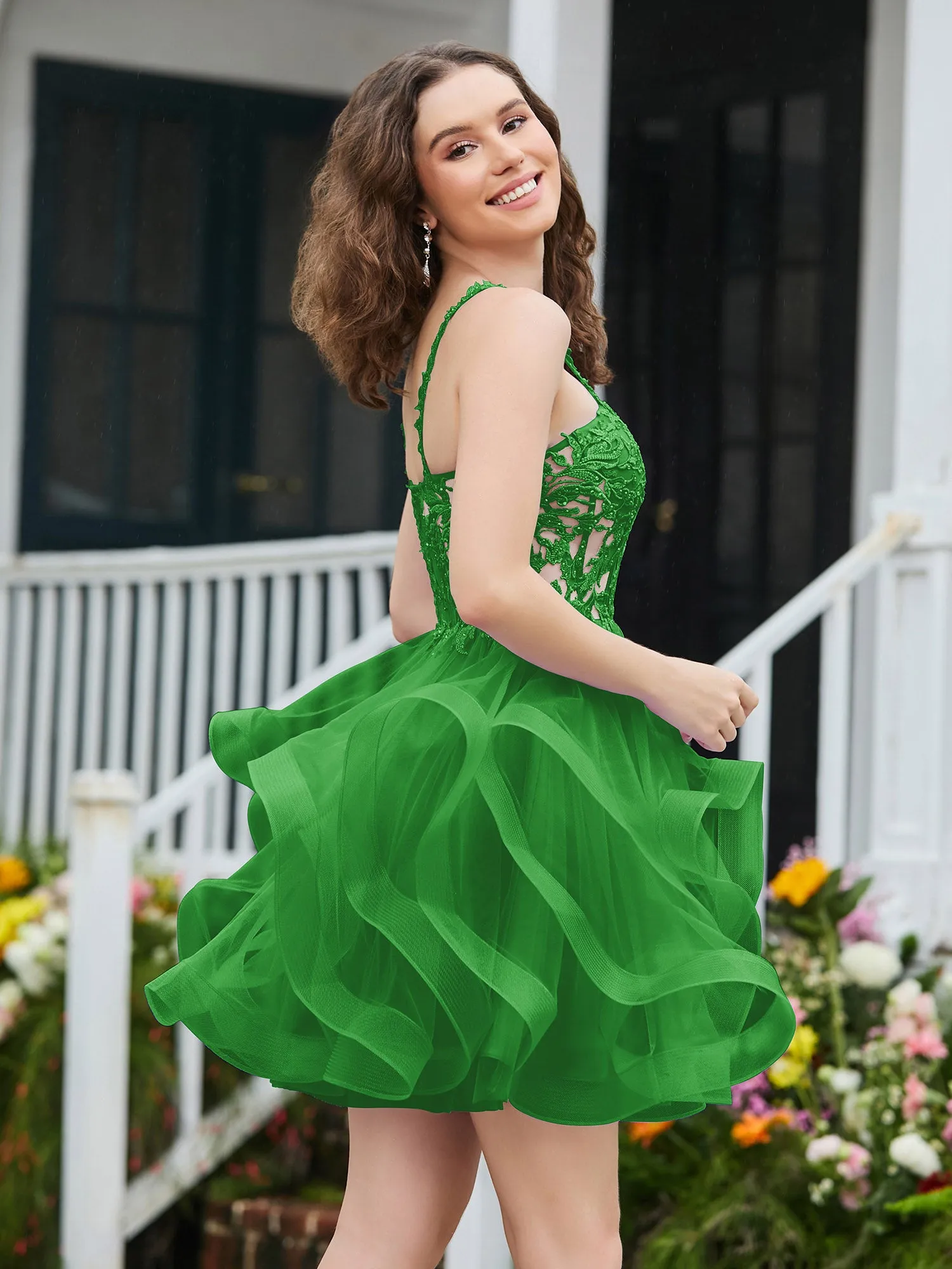 Appliqued Corset Top Short Tulle Dress Green