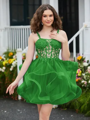 Appliqued Corset Top Short Tulle Dress Green