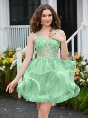 Appliqued Corset Top Short Tulle Dress Mint Green