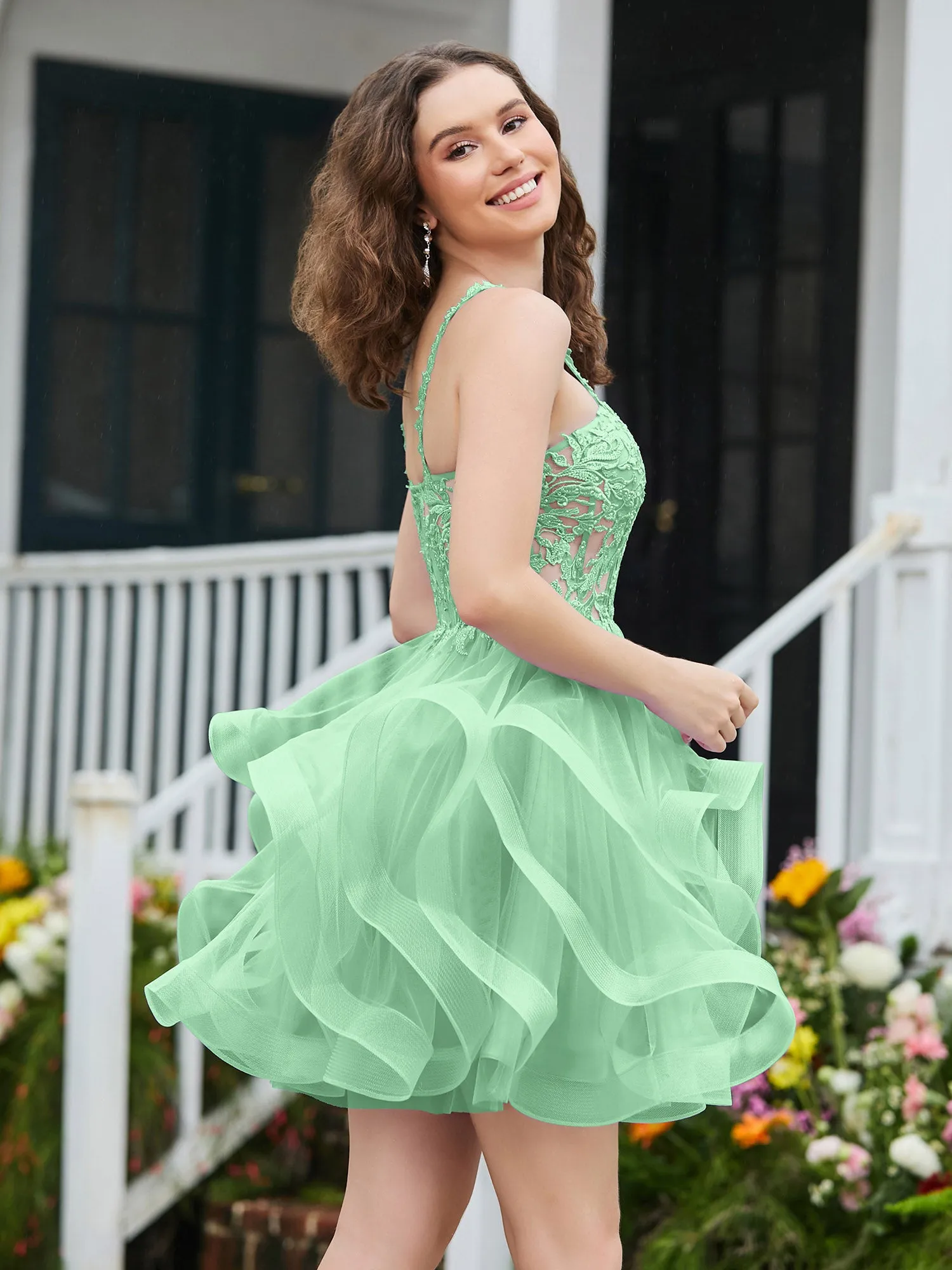 Appliqued Corset Top Short Tulle Dress Mint Green