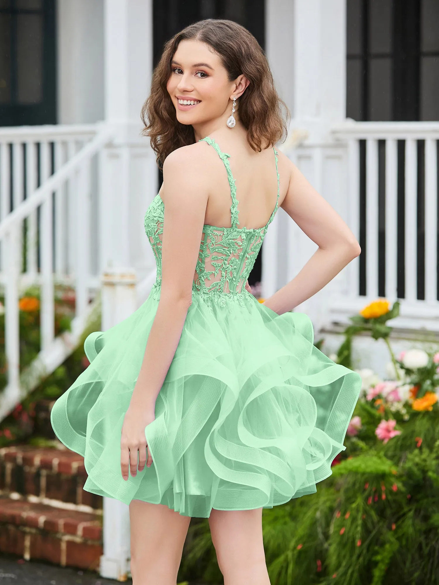 Appliqued Corset Top Short Tulle Dress Mint Green