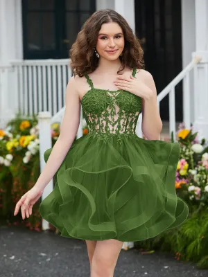 Appliqued Corset Top Short Tulle Dress Moss
