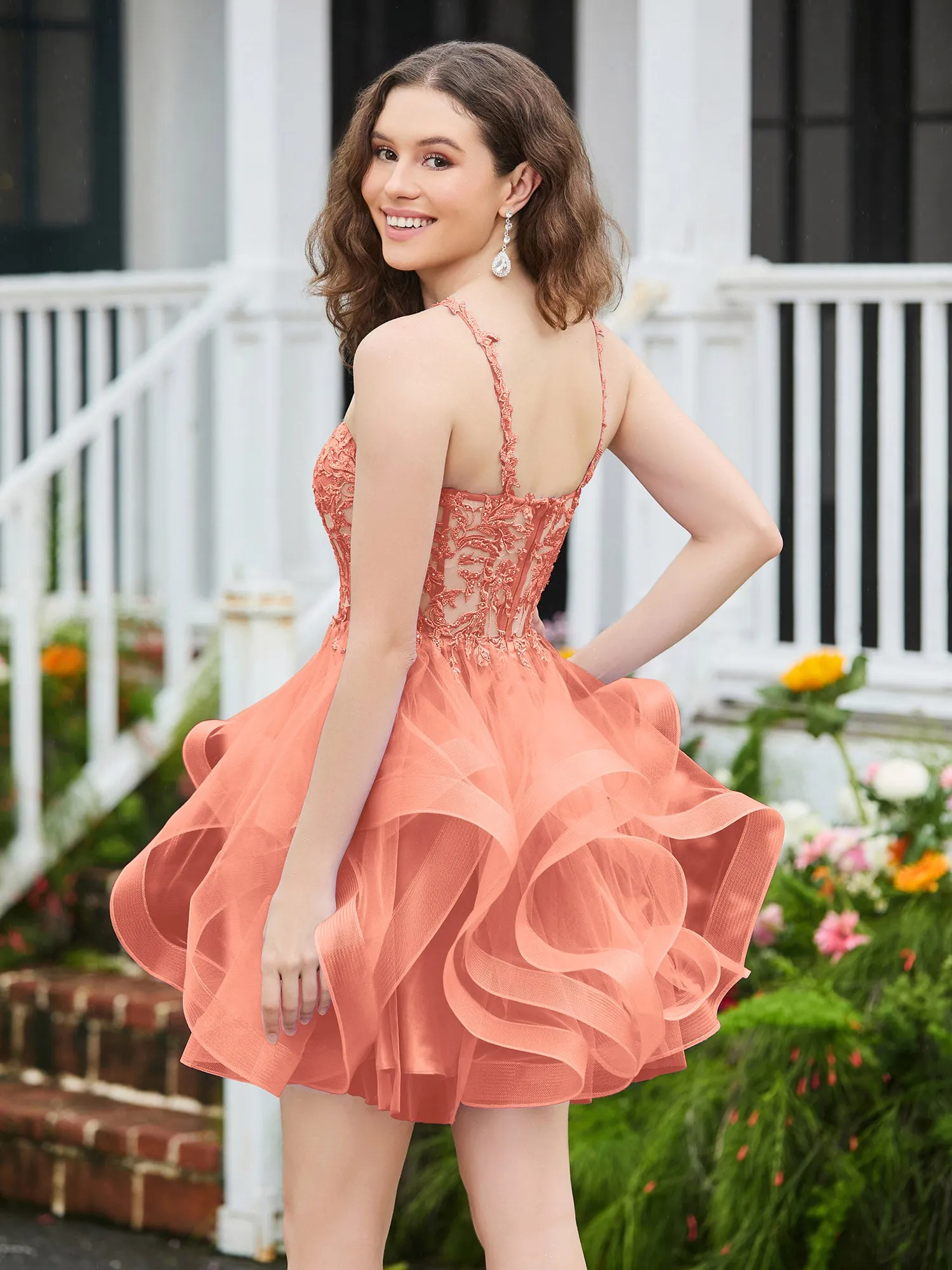 Appliqued Corset Top Short Tulle Dress Papaya
