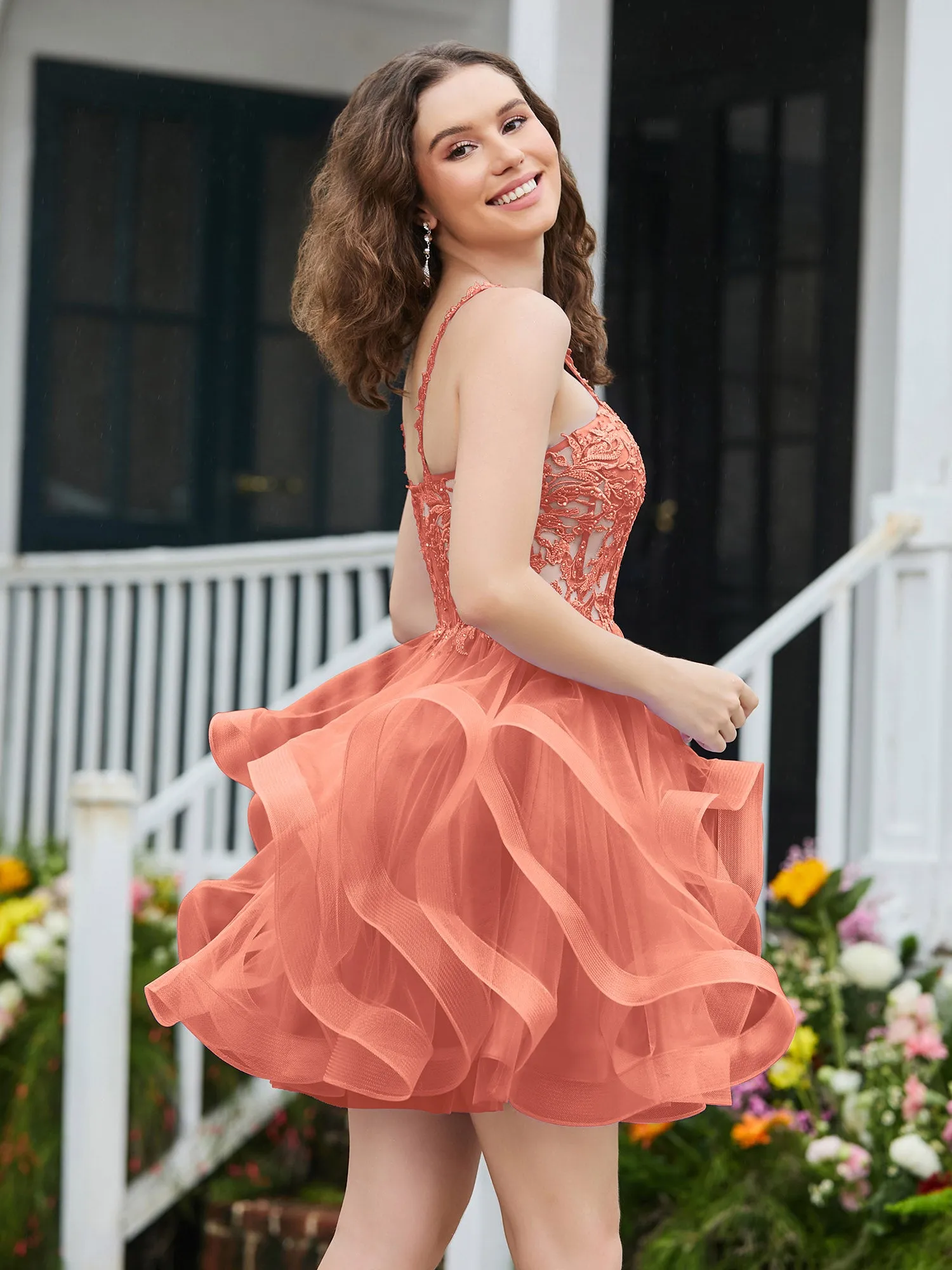 Appliqued Corset Top Short Tulle Dress Papaya