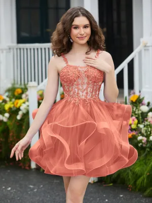Appliqued Corset Top Short Tulle Dress Papaya