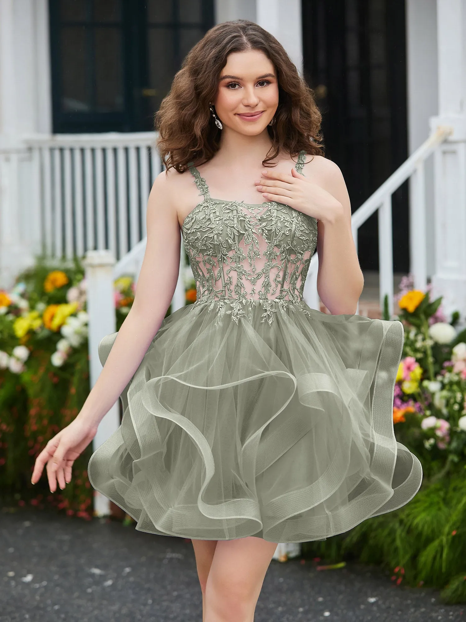 Appliqued Corset Top Short Tulle Dress Silver