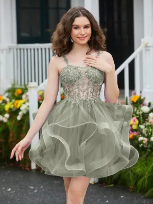 Appliqued Corset Top Short Tulle Dress Silver