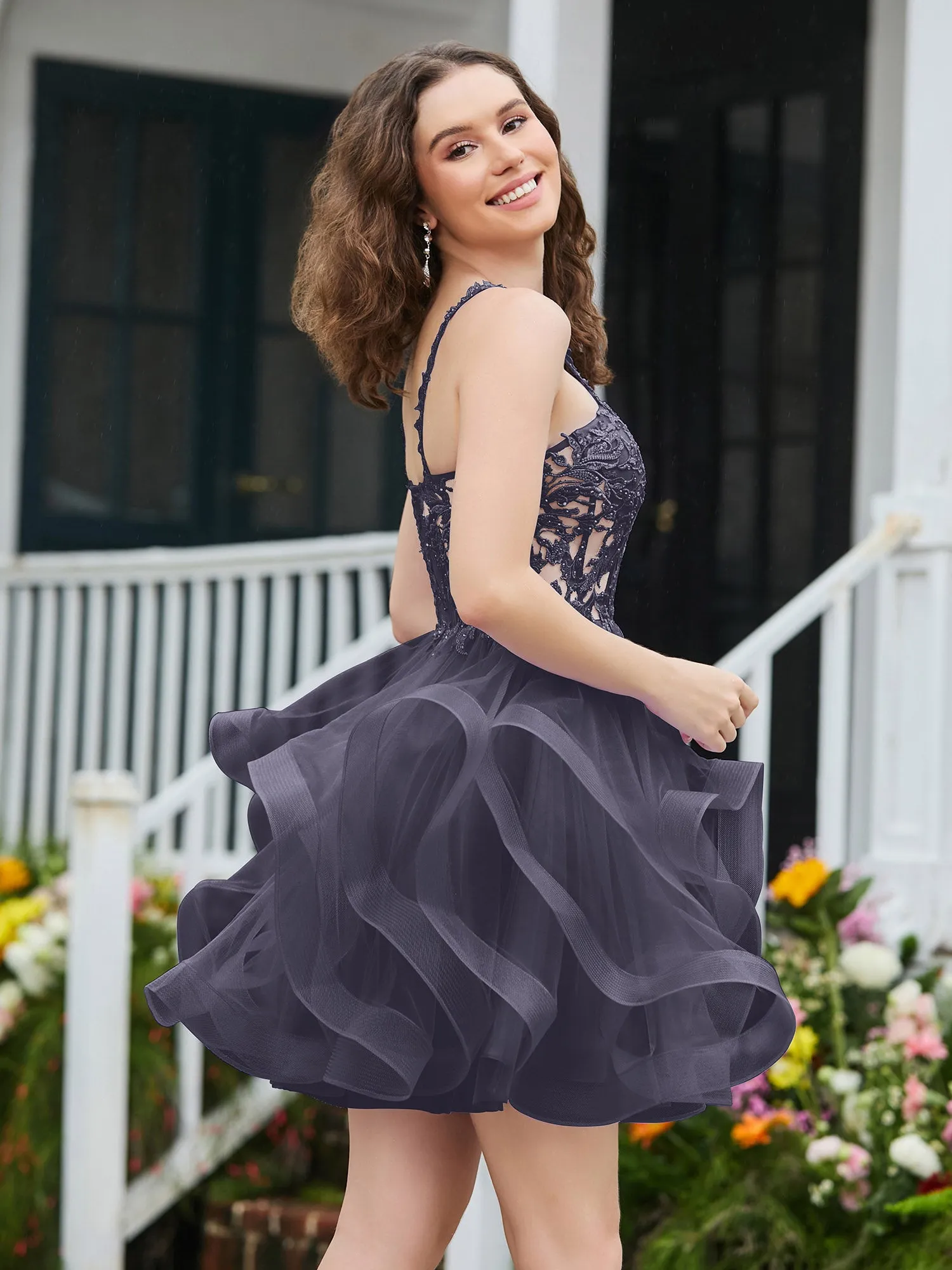 Appliqued Corset Top Short Tulle Dress Stormy
