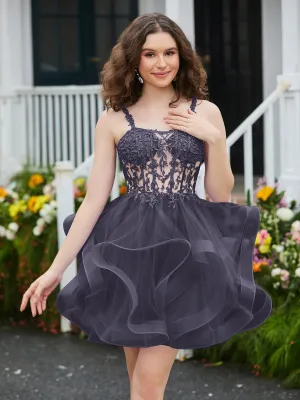 Appliqued Corset Top Short Tulle Dress Stormy