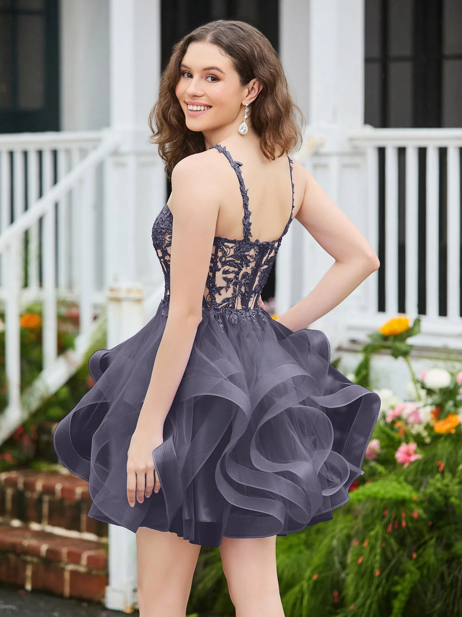 Appliqued Corset Top Short Tulle Dress Stormy