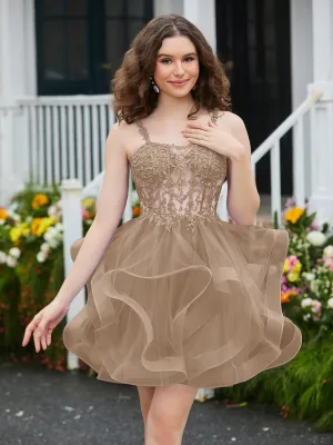 Appliqued Corset Top Short Tulle Dress Taupe