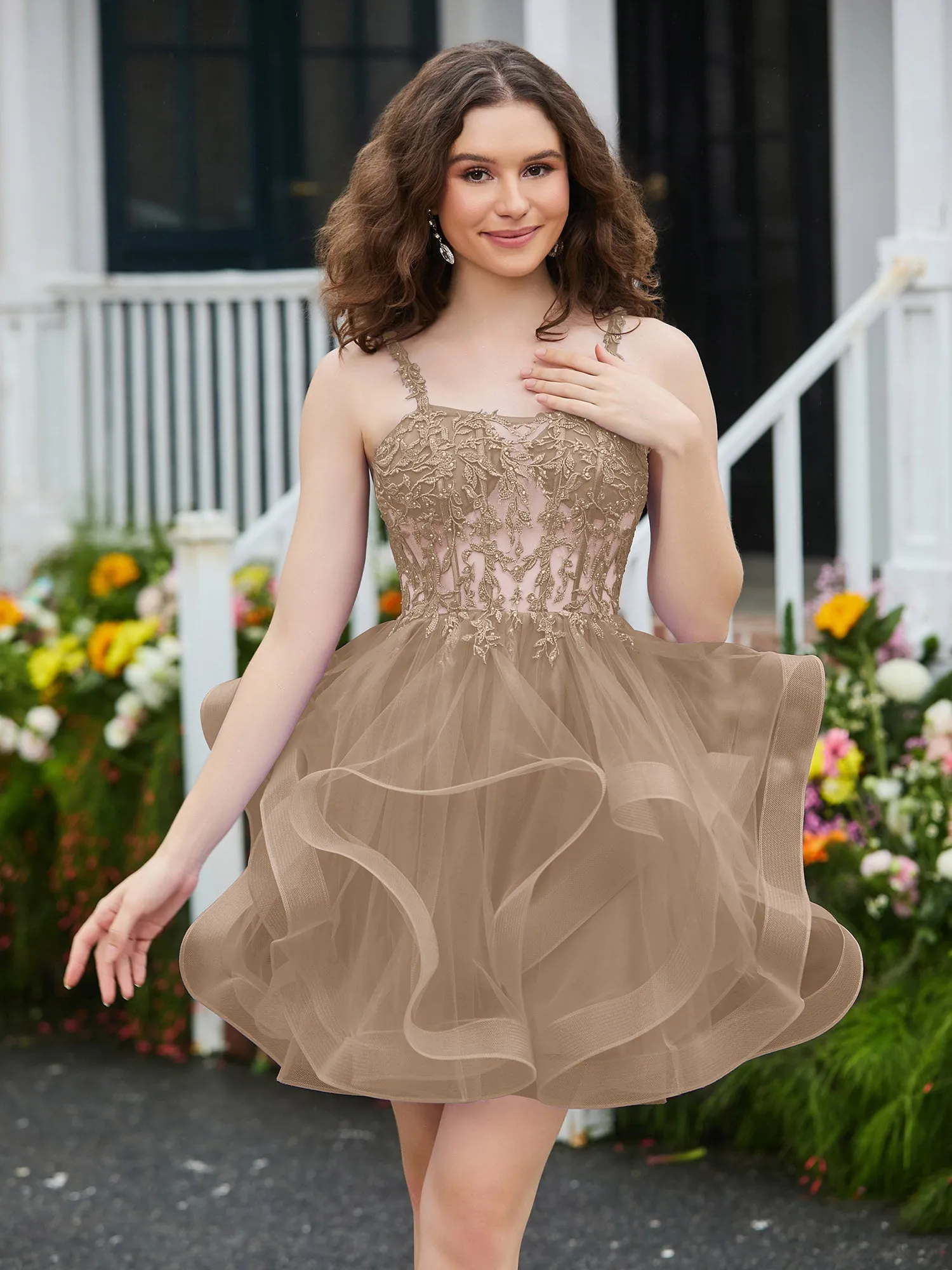 Appliqued Corset Top Short Tulle Dress Taupe
