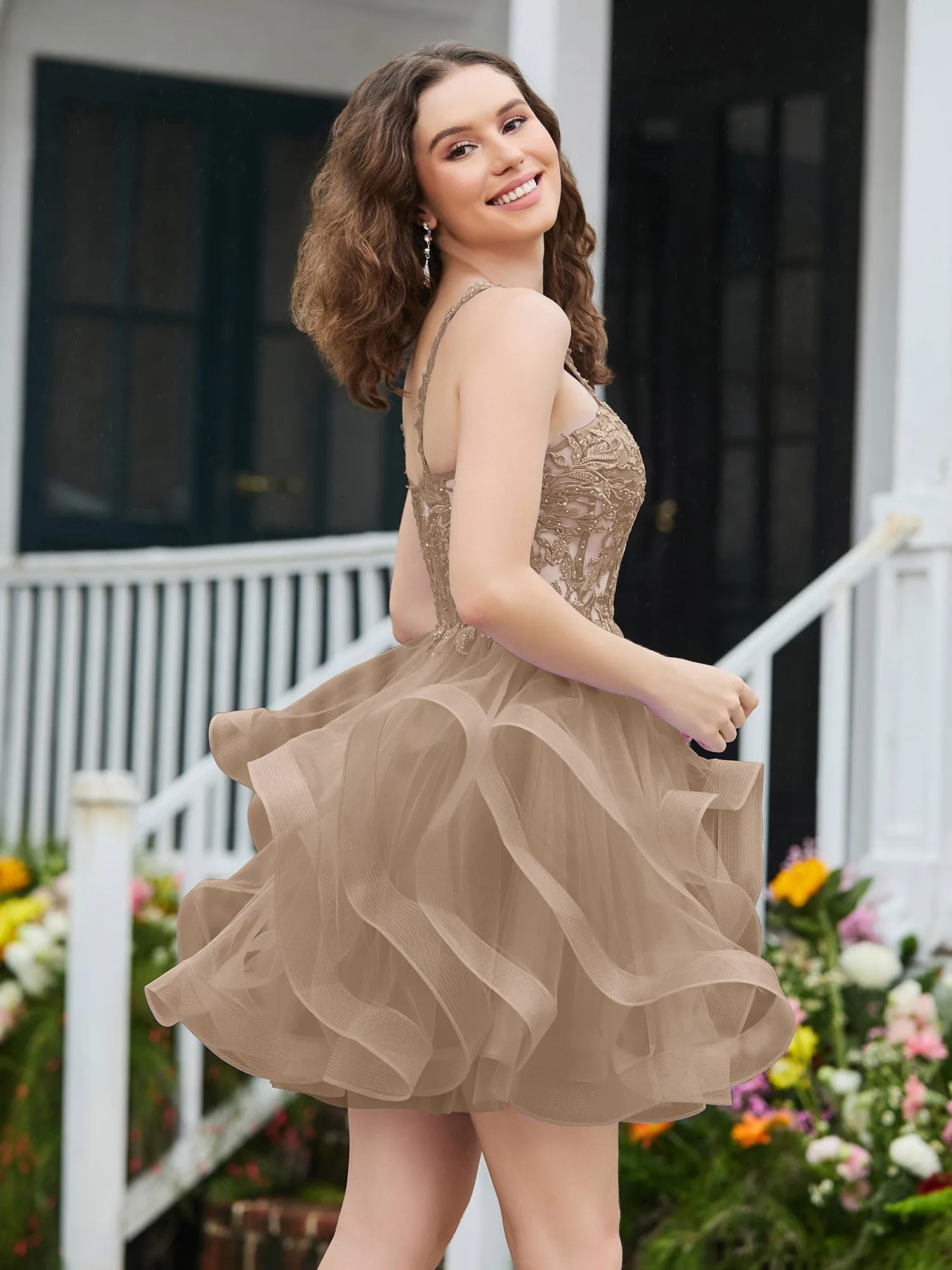 Appliqued Corset Top Short Tulle Dress Taupe