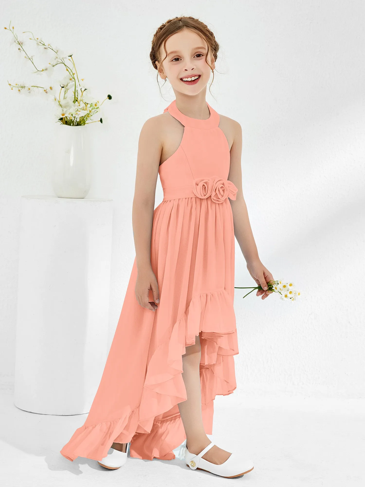 Asymmetrical A-line Junior Bridesmaid Dresses with Flower Papaya