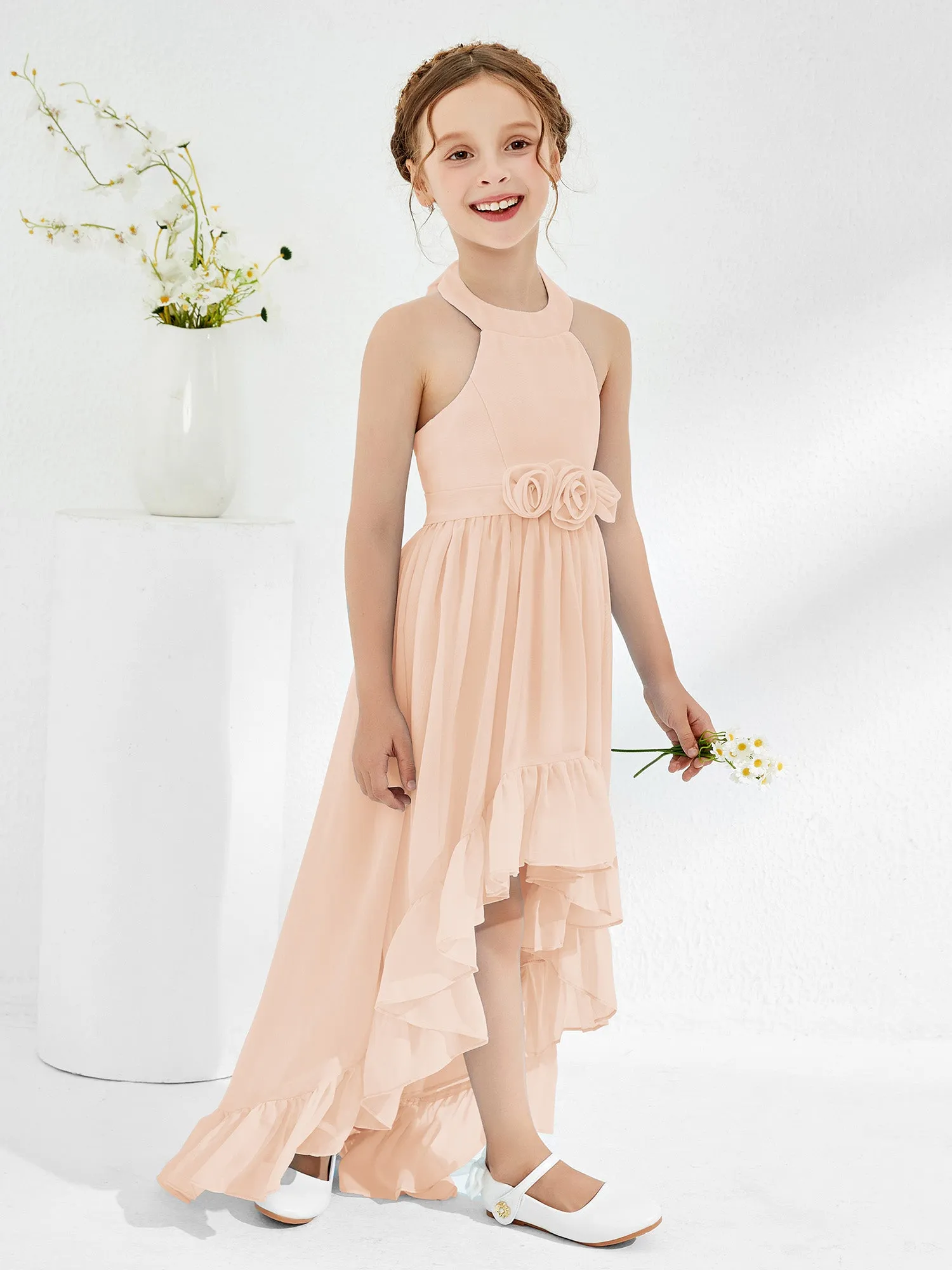 Asymmetrical A-line Junior Bridesmaid Dresses with Flower Pearl Pink